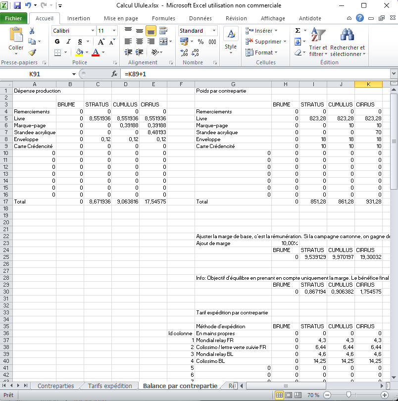 Tableur Excel faisant les calculs finaux pour chaque pack de contrepartie : fabrication, expédition, marge perso, etc.