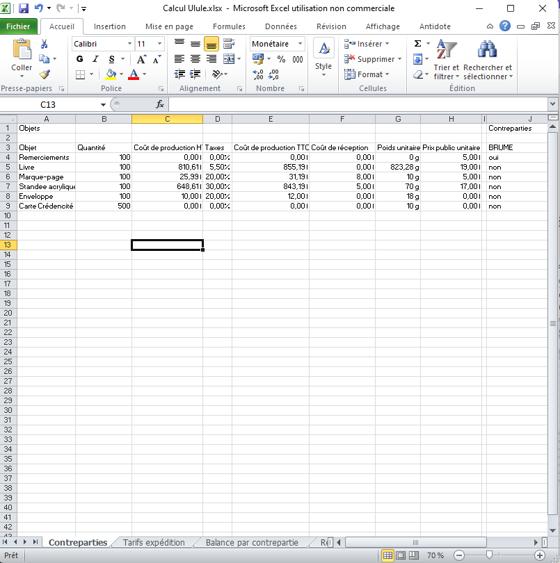 Tableur Excel listant les couts d’expédition par méthode (mains propres, Mondial Relay, La poste, en France et internationalement.