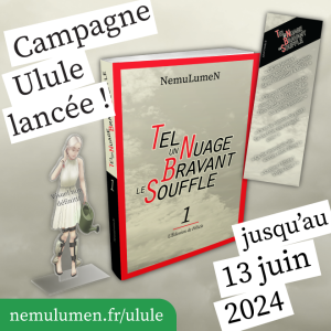 Image promotionnelle indiquant la date et le départ de la campagne Ulule. Il y a un livre, un marquepage, une statuette acrylique.